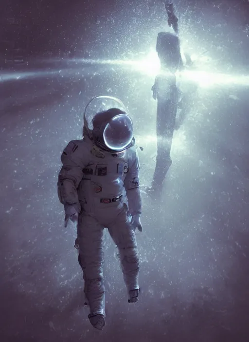 Image similar to infrared concept art by craig mullins astronauts in futuristic dark and empty spaceship underwater. complex and hyperdetailed technical glowing suit. reflection and dispersion materials. rays and dispersion of light. volumetric light. 5 0 mm, f / 3 2. noise film photo. flash photography. octane render. interstellar movie art