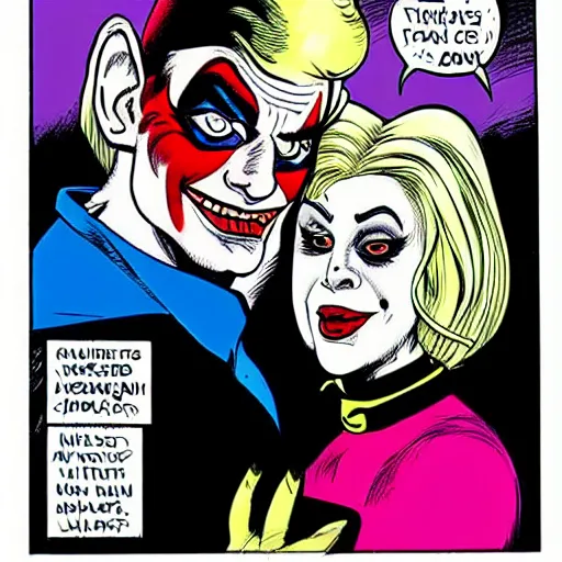 Image similar to portrait of Benjamin Netanyahu as the Joker and Sara Netanyahu as Harley Quinn, Neal Adams style ,Brian Bolland style