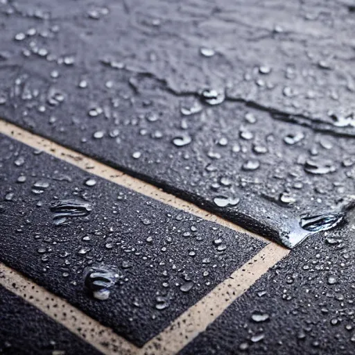 Image similar to closeup photo of raindrop hitting pavement, hyperdetailed, 8 k, high resolution.