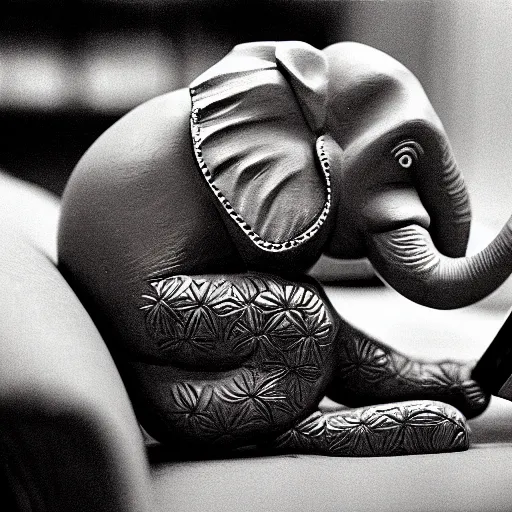 Image similar to 35mm macro photograph of a hand carved elephant wearing a suit working on a couch typing on a miniature computer keyboard