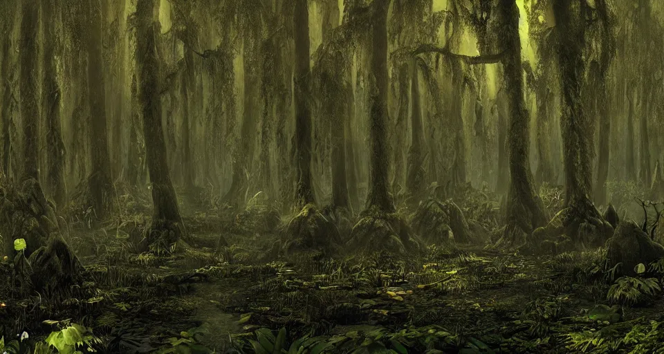 Image similar to A dense and dark enchanted forest with a swamp, from Warcraft