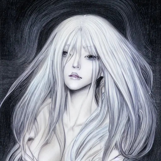 Image similar to a drawing of a woman with long white hair, a character portrait by yoshitaka amano, featured on pixiv, fantasy art, official art, androgynous, anime