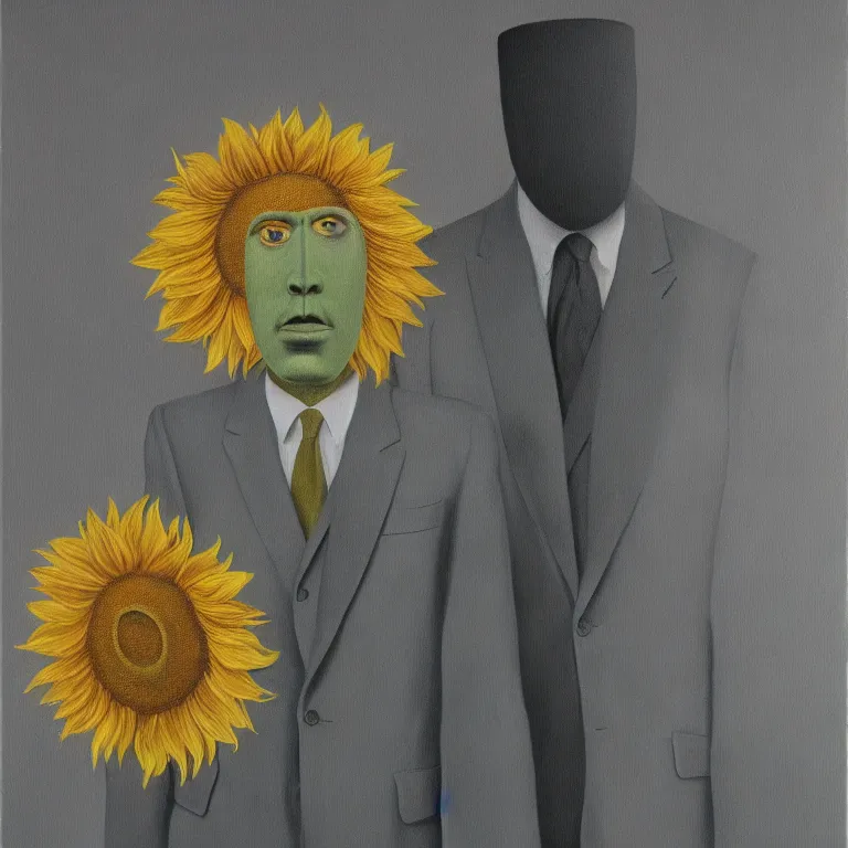 Image similar to portrait of a faceless sunflower - head man in a suit by rene magritte, detailed painting, distance, centered, hd, hq, high resolution, high detail, 4 k, 8 k