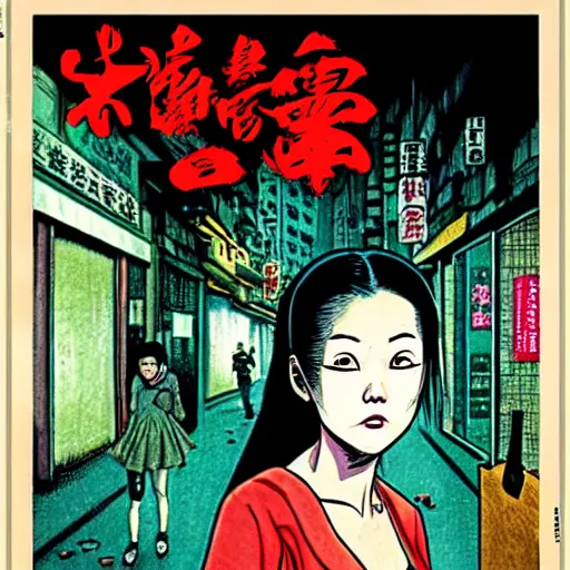 Image similar to glossy old advertising poster, young woman walking through crowded hong kong street, vendors, zombies, horror, drawn comic by junji ito, pastels, gradient