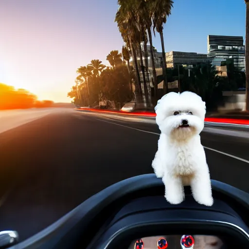 Image similar to a photorealistic image of bichon frise riding in the back on an uber in Hollywood at dusk. This 4K HD image is Trending on Artstation, featured on Behance, well-rendered, extra crisp, features intricate detail and the style of Unreal Engine.