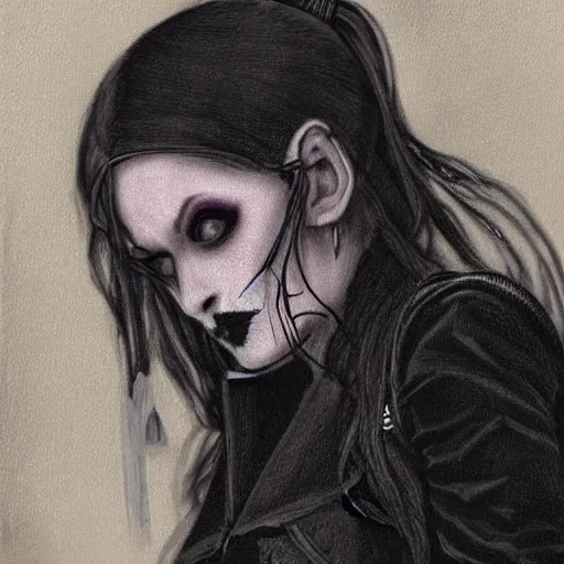 Image similar to A portrait of the character, Death, a young Goth girl wearing a black vest