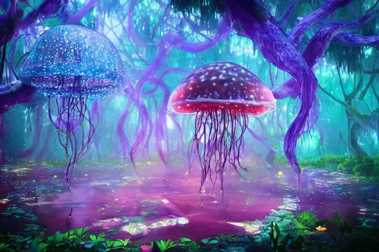 Image similar to An enchanted fantasy forest. Floating jellyfish. Colorful. Cinematic lighting. Photorealism.