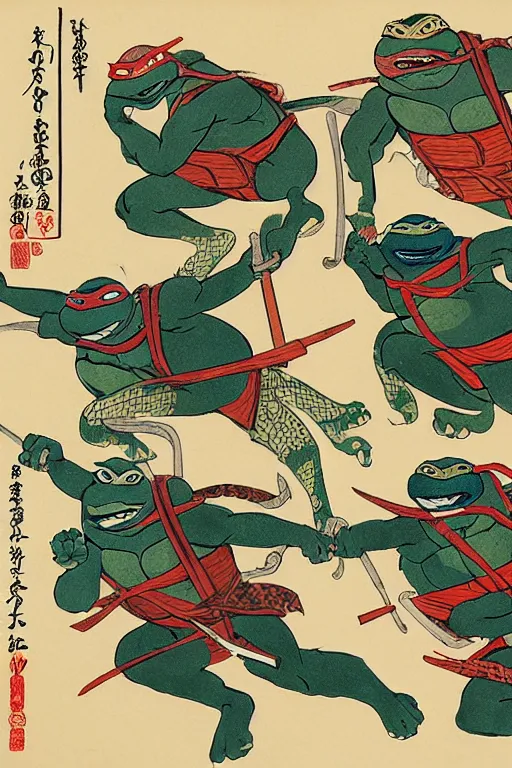 Image similar to Four Teenage Mutant Ninja Turtles, Japanese ukiyo-e ukiyo-ye woodblock print, by Moronobu