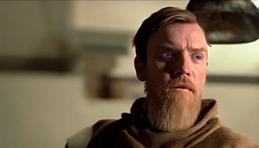 Image similar to Obi-wan Kenobi in the film trainspotting, cinematic lighting, close-up, cinematography,