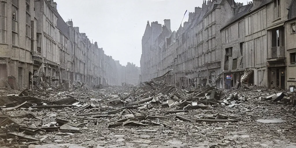 Prompt: a colour photo of the street of saint - malo after being bombed in 1 9 4 5