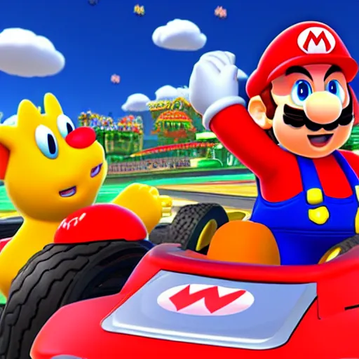 Prompt: Mario Kart but with garfield