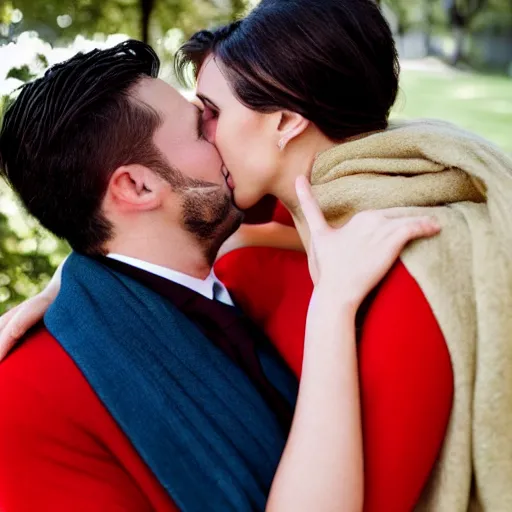 Prompt: a woman in a red dress kissing a man in a suit with both of them having a blanket completely covering their heads