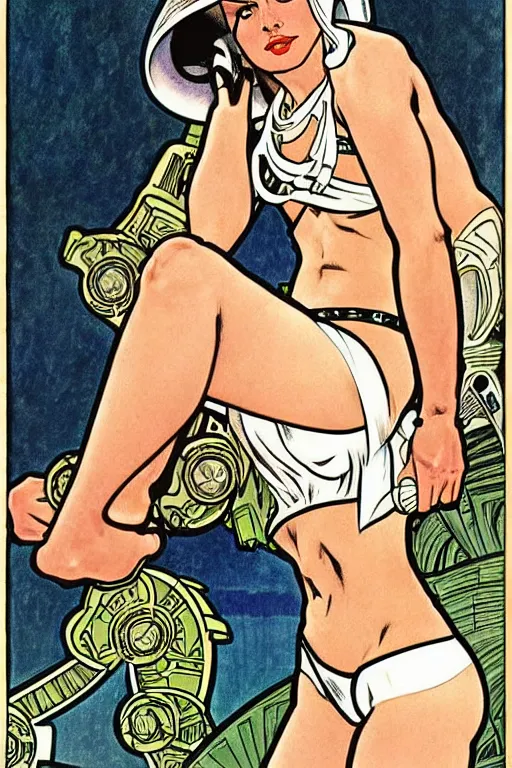 Image similar to female in white bikini with tattoos and stormtrooper helmet, well composed, clean elegant painting, beautiful detailed face. comic book art by steve ditko and jack kirby and ( alphonse mucha )