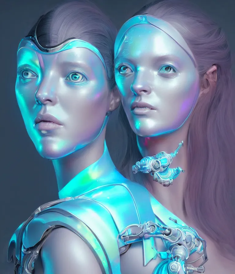 Image similar to iridescent portrait of a beautiful princess in robe. hard surface modelling. cyberpunk look. biomechanical mask. bio luminescent biomechanical halo around head. artwork by jarold Sng by artgerm, by Eddie Mendoza, by Peter mohrbacher by tooth wu, unreal engine, octane render, cinematic light, high details, iridescent colors, dichroic, macro, 4l