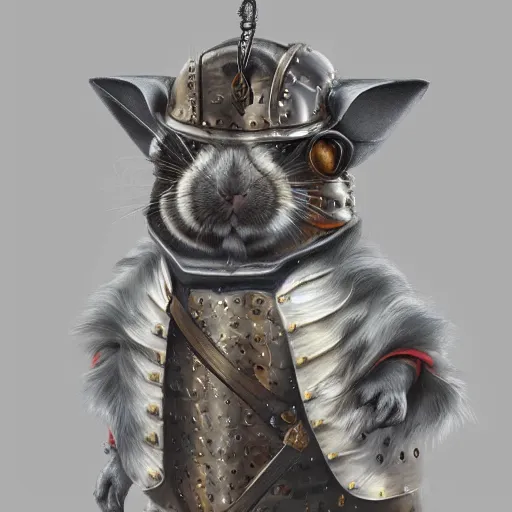 Prompt: renaissance portrait painting of a chinchilla in a suit of armor, artstation, highly detailed