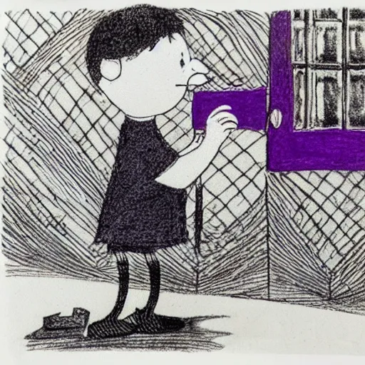 Prompt: Harold and the Purple Crayon in black and white with a purple door and a purple crayon by Maurice Sendak, illustrated as a children's book