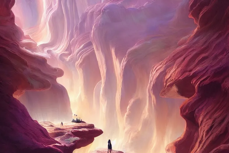 Prompt: Celestial majestic luxurios futuristic other worldly realm with Singaporean royal gold lush volcano, set on Antelope Canyon with white thermal waters flowing down pink travertine terraces, relaxing, ethereal and dreamy, thunderstorms and multiversal tornado, visually stunning, from Star Trek 2021, illustration, by WLOP and Ruan Jia and Mandy Jurgens and William-Adolphe Bouguereau, Artgerm