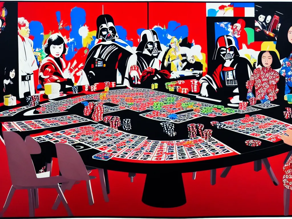 Image similar to hyper - realistic composition of a large room with an extremely detailed poker table in the center, woman in traditional japanese kimono standing nearby, darth vader sitting at the table, fireworks in the background, pop art style, jackie tsai style, andy warhol style, acrylic on canvas, dull palette