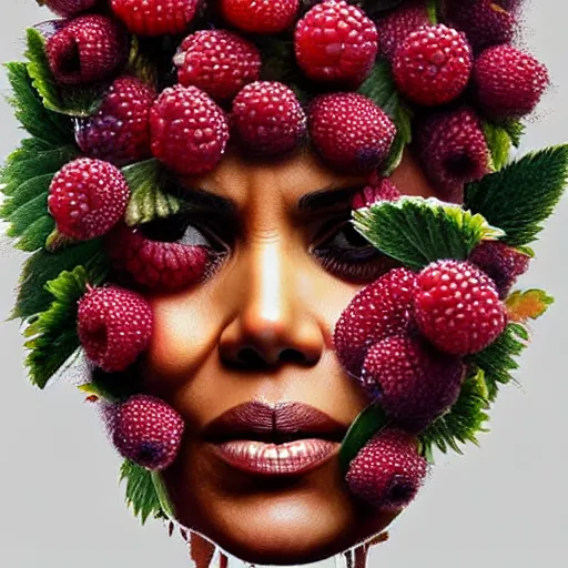 Prompt: a pile of wild berries that looks exactly like halle berry as berries!, face made of berries! digital painting by arcimboldo