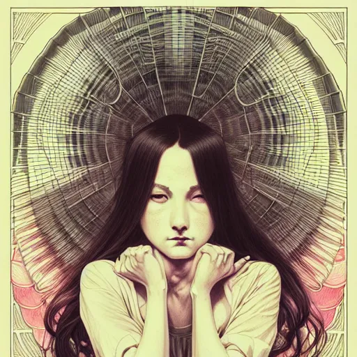 Prompt: ' meek woman studying noise rock music ', beautiful shadowing, 3 d shadowing, reflective surfaces, illustrated completely, 8 k beautifully detailed pencil illustration, extremely hyper - detailed pencil illustration, intricate, epic composition, masterpiece, bold complimentary colors. stunning masterfully illustrated by artgerm, range murata, alphonse mucha.