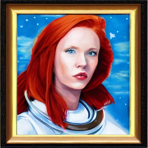 Image similar to redhead fashion model astronaut portrait, realism oil painting