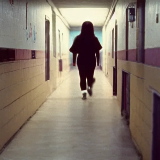 Image similar to 1978 teenage girl holds hands with sad inflatable face boyfriend at high school, color Tarkovsky film, in school hallway, dirty walls, archival footage, technicolor film, 16mm, live action, John Waters, campy movie scene