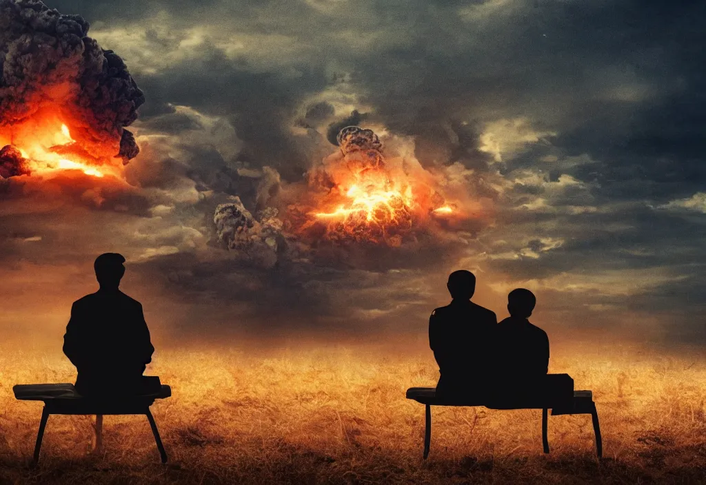 Image similar to old man sitting with black cat watching nuke explosion close up shot from behind, cinematic movie close up shot from behind, background blur bokeh, world ending nuke, 4 k