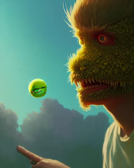 Image similar to highly detailed vfx portrait of a character of a tennis ball monster stephen bliss, unrealengine, greg rutkowski, loish, rhads, beeple, makoto shinkai and lois van baarle, ilya kuvshinov, rossdraws, tom bagshaw,