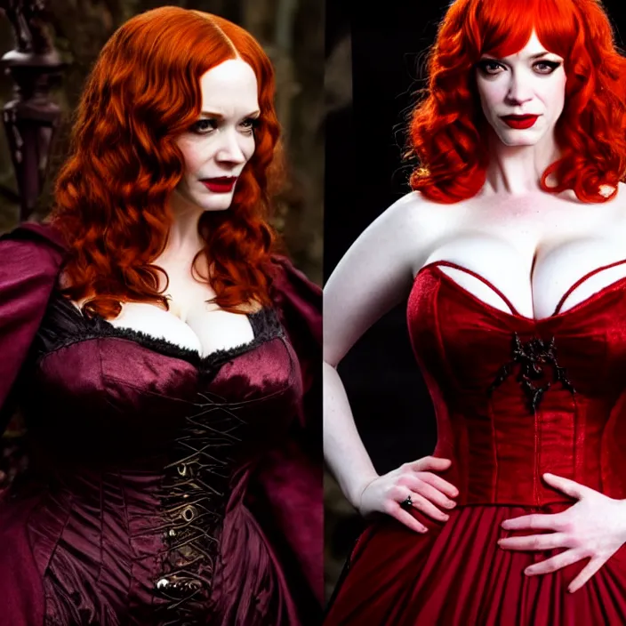 Prompt: full body photograph of christina hendricks as a vampire queen. Extremely detailed. 8k