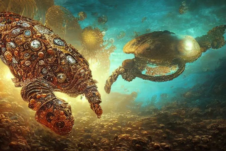 Prompt: beautiful painting of a huge caretta wearing an armour of jewels incrusted with golden beetles in vast ocean coral reef, water bubbles, intricate details, jewel fishes, realistic shaded , steampunk, highly detailed, artstation, illustration by Greg Rutkowski and Ruan Jia , octane render, 4k, dynamic light, volumetric light, neon lights, cinematic mood