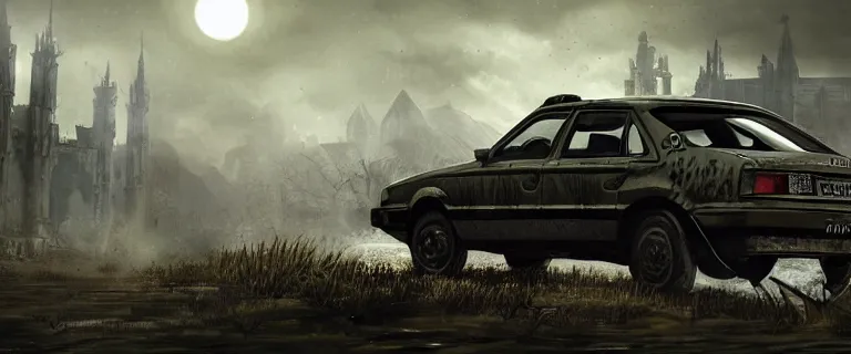 Prompt: Armored and Armed Military Audi 80 B3 Avant (1988) with a mounted M249, Dark Souls 3, Eldritch Horrors, Wretched and Corrupted Knights, a grim fantasy, Anor Londo, dramatic lighting, cinematic, establishing shot, extremely high detail, photorealistic, cinematic lighting, artstation, by simon stalenhag