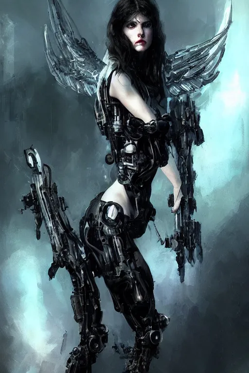 Image similar to Alexandra Daddario as a beautiful cybernetic angel of death. Digital art, trending on artstation. Jeremy Mann.