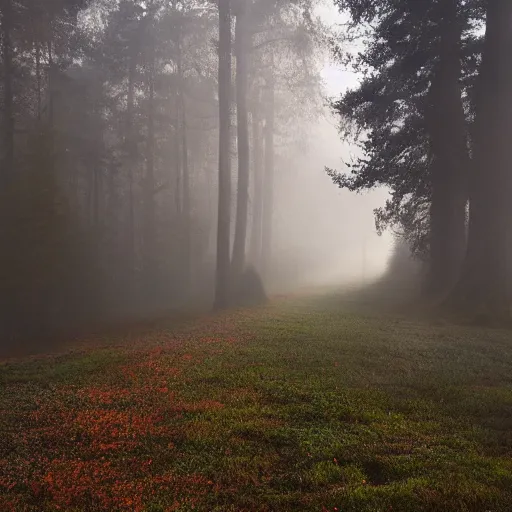 Image similar to forrest, mist, evening, dramatic shadows