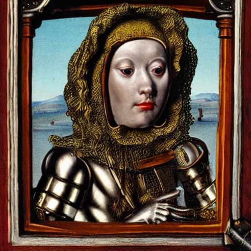 Image similar to a portrait of a shiny metallic renaissance steampunk robot, in the style of Jan van Eyck,