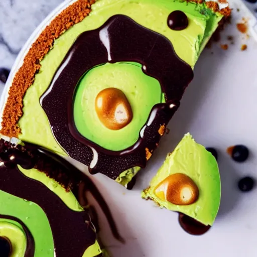 Image similar to close view of a delicious sweet and perfect avocado cheesecake piece, award winning, 4 k, beautiful