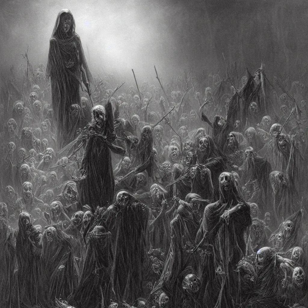 Image similar to dawn of the dead, creepy atmosphere, dark, portrait, realistic, very realistic, illustration by gustave dore