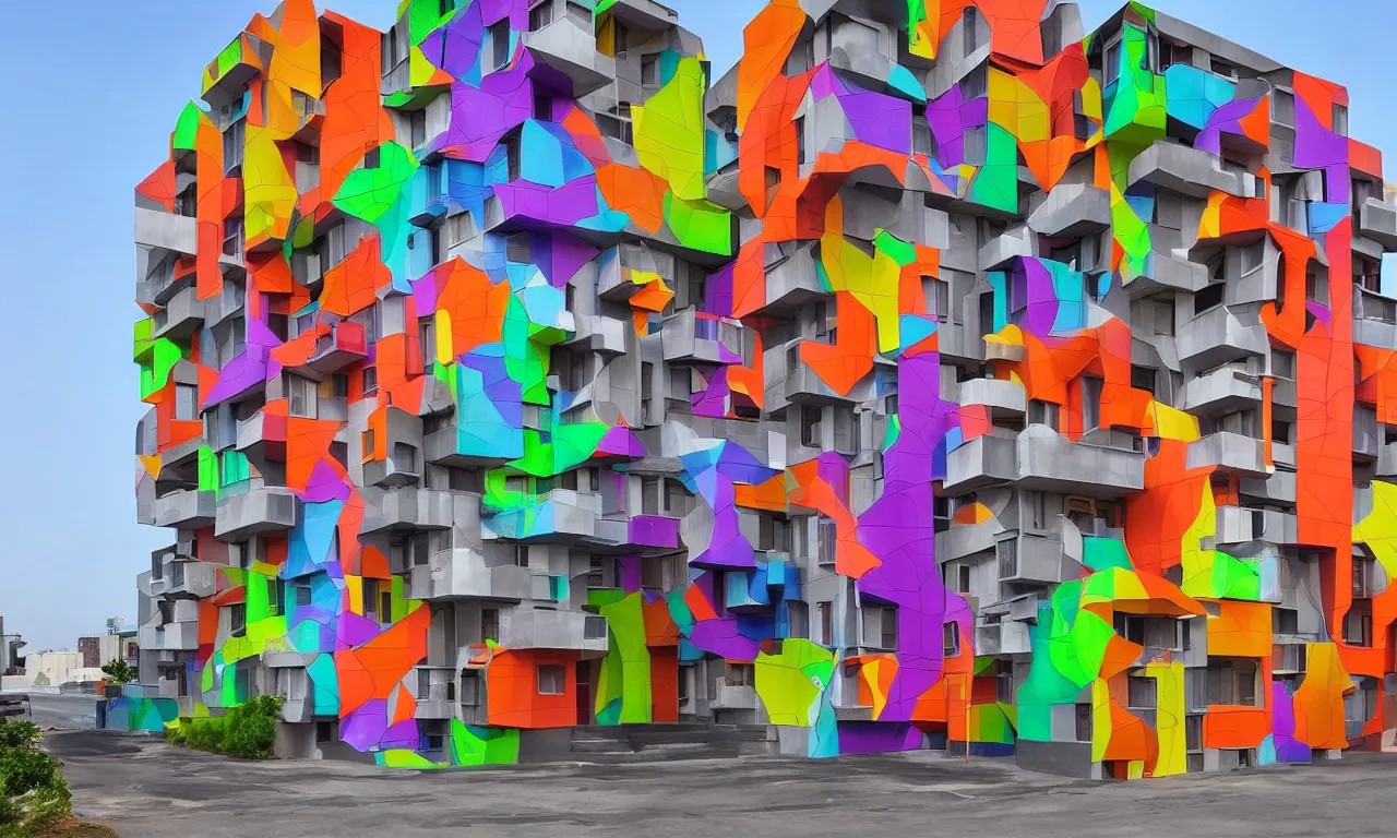 Prompt: african 3 d printed multifamily modern architecture, colorful geometric exterior cladding, architectural sculptural interior, ancestors and future, visually satisfying architecture render