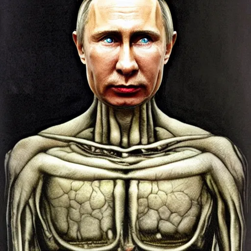 Prompt: portrait by giger of vladimir putin who became an ugly retarded lovecraftian degraded monstrosity, photo - realistic, color image, 2 k, highly detailed