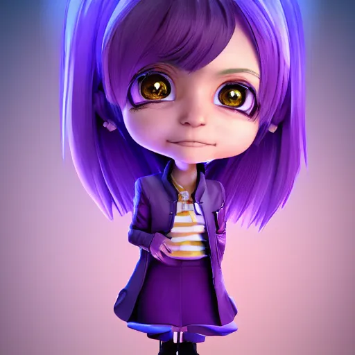 Image similar to portrait of a chibi very cute girl with purple jacket design by antonio mello, carlos ortega elizalde, character modeling, toy design, substance 3 d painter, blender, mental ray, zbrush, soft vinyl, bio luminescent, maximalist sculpted design portrait, studio photo, 7 0 mm lens, trending in artstation