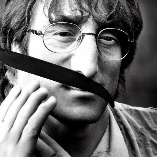 Image similar to john lennon holding a head and a machete, photography, high quality, 8 k,