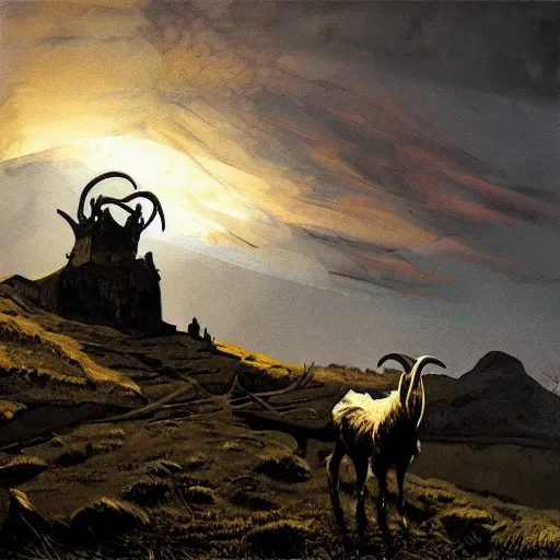 Prompt: goat in the painted world of dark souls, head and shoulders masterpiece, apocalypse, golden hour, cosmic horror, artstation, in the style of andrew wyeth and goya, extremely detailed