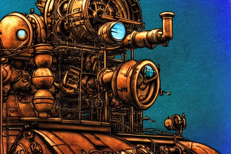 Image similar to steampunk submarine!, in the style of john avon and derek riggs and eva widermann, trending on artstation, halfrear lighting closeup view anaglyph filter, bokeh, anime, comic book art, jean henri gaston giraud