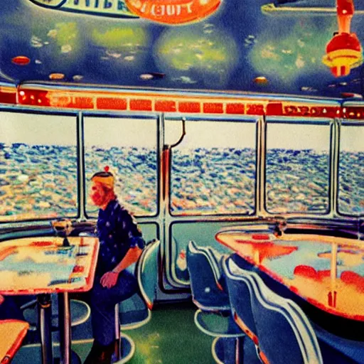 Image similar to astronaut sitting in a 1950s diner, in the style of Monet