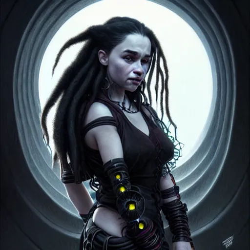 Prompt: portrait of emilia clarke cybergoth dreadlocks, dark, piercing eyes, exotic expression, esoteric clothing, photorealistic, highly detailed, mysterious lighting, artstation, smooth, sharp focus, art by michael whelan, artgerm, greg rutkowski and luis royo