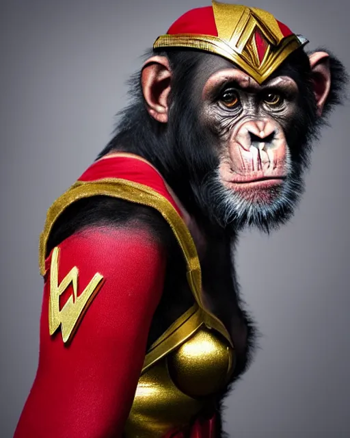 Image similar to photos of a Chimpanzee dressed as Wonder Woman. Photography in the style of National Geographic, photorealistic