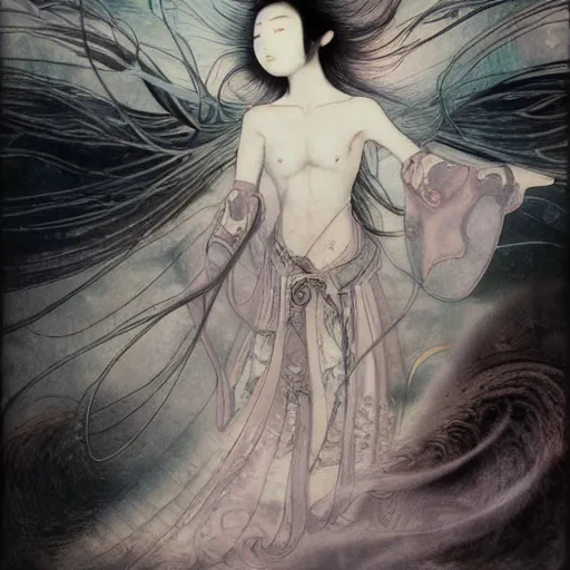 Image similar to yoshitaka amano blurred and dreamy realistic illustration of a young japanese woman with black eyes, wavy white hair fluttering in the wind wearing elden ring armor with engraving, abstract patterns in the background, satoshi kon anime, noisy film grain effect, highly detailed, renaissance oil painting, weird portrait angle, blurred lost edges, three quarter view