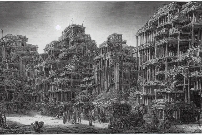 Image similar to ancient city of Babylon, hanging gardens of babylon. Robot mechas roaming the streets of ancient babylon. By gustave dore, highly detailed