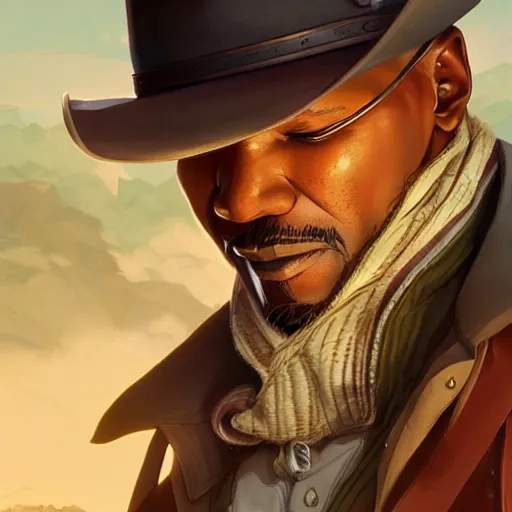 Prompt: old jamie foxx as a cowboy, single subject, scenic full shot, ambient lighting, detailed face, by makoto shinkai, stanley artgerm lau, wlop, rossdraws