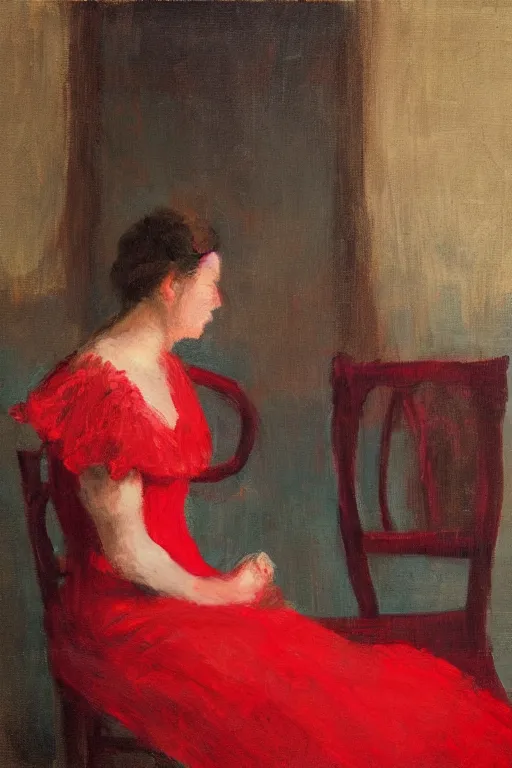 Image similar to an empty red dress laid across a chair in a dark victorian era room. in the style of american impressionism painting. triadic color scheme