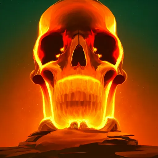 Image similar to A stunning profile of a symmetrical skull on fire by Simon Stalenhag, Trending on Artstation, 8K